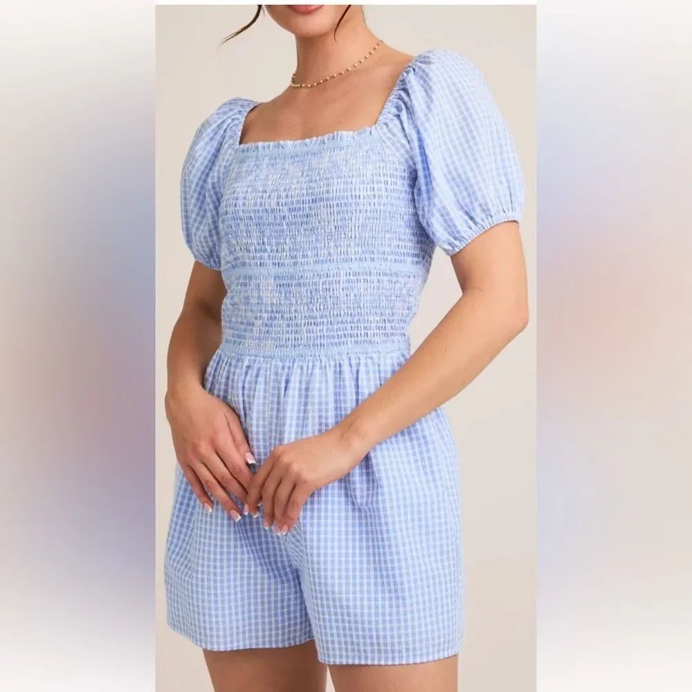 Gilli Light Blue Checkered Puff‎ Half Sleeved Romper
